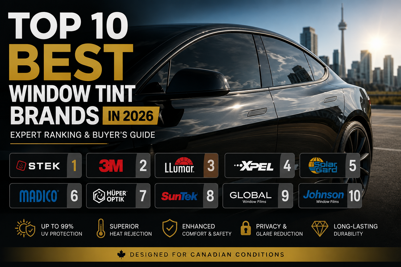 Top 10 best window tint brands in 2026 for Ontario drivers, featuring STEK, 3M, LLumar and XPEL