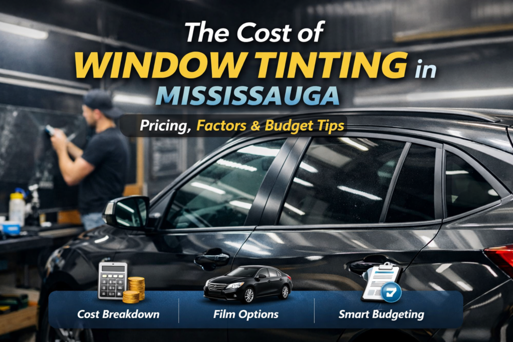 Professional window tinting installation on a vehicle in Mississauga, showing tinted side windows inside an auto tint shop