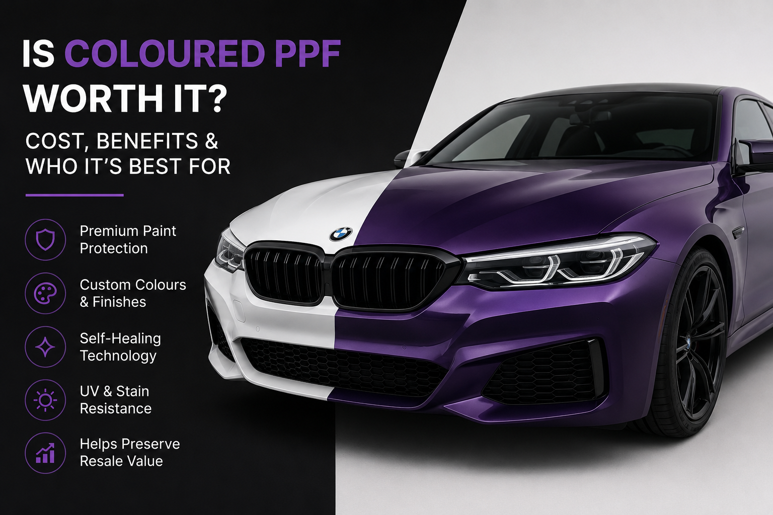 Coloured PPF comparison showing a vehicle changing from white to purple while highlighting paint protection, custom colour and self-healing benefits.