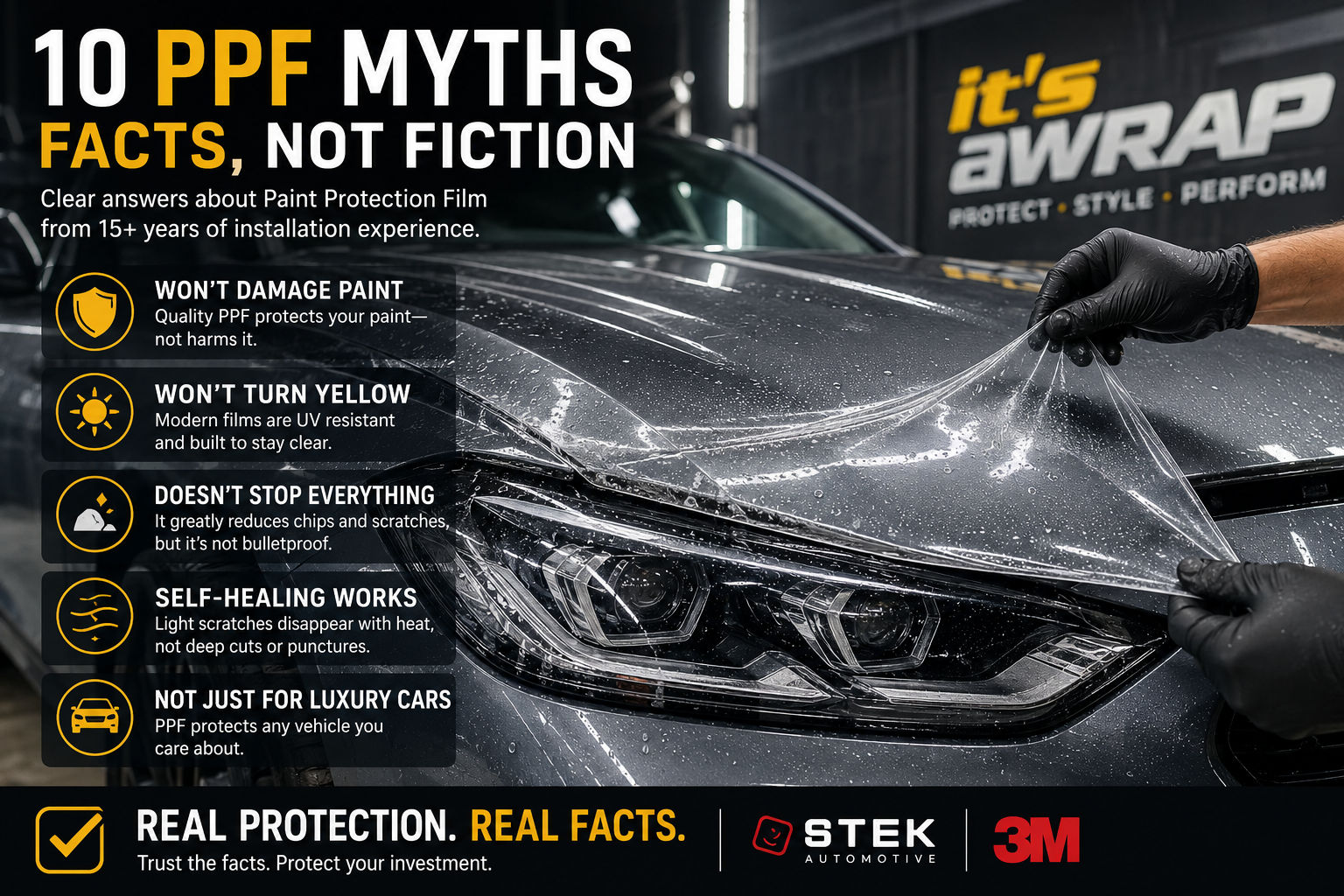 Paint protection film being installed on a vehicle, highlighting common PPF myths and facts about paint safety, yellowing, self-healing and protection.