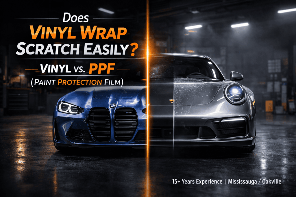 A comparison image from a blog post showing the durability of PPF vs vinyl wrap. The image highlights how PPF resists abrasions that easily damage standard vinyl
