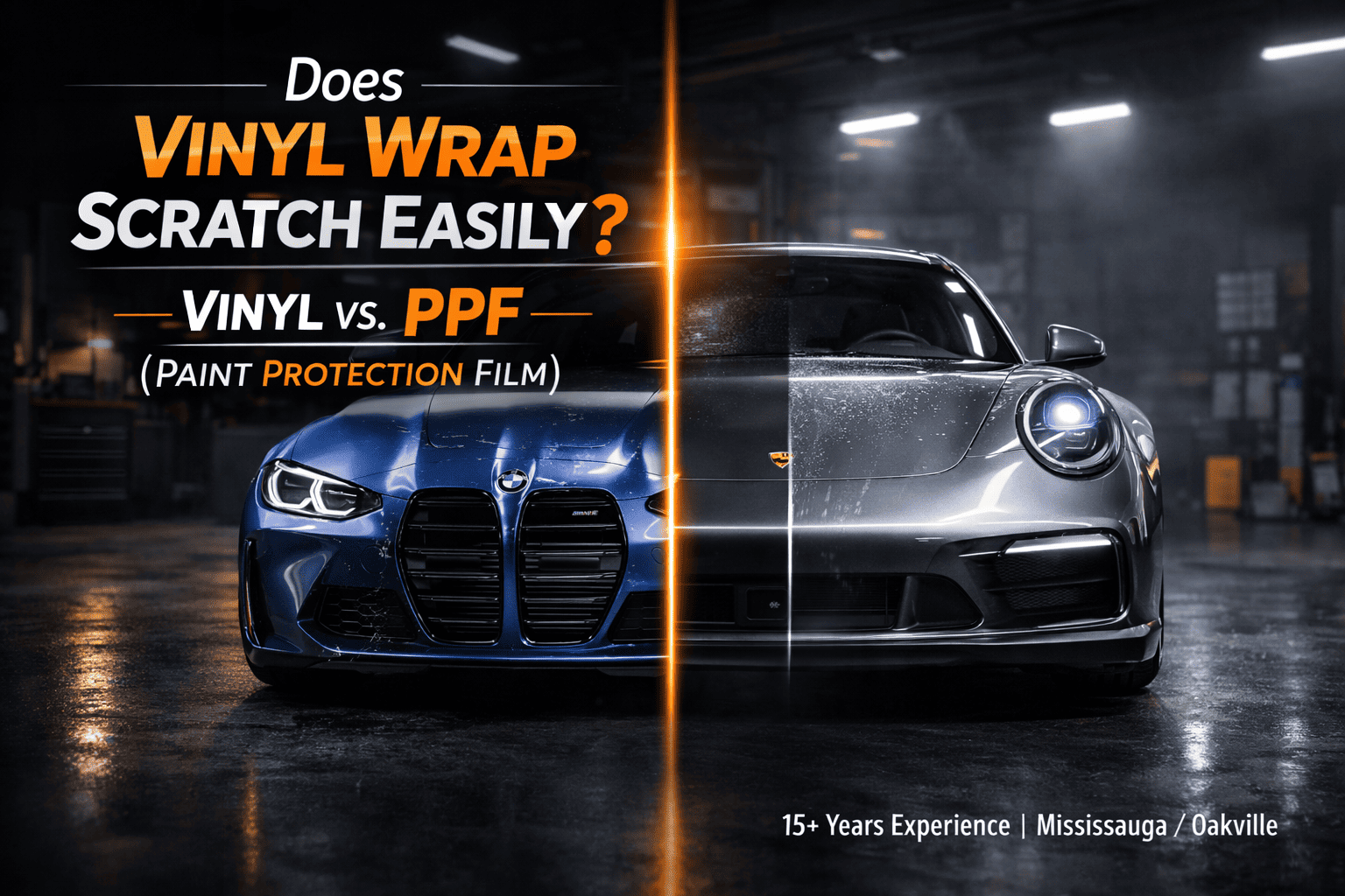 A comparison image from a blog post showing the durability of PPF vs vinyl wrap. The image highlights how PPF resists abrasions that easily damage standard vinyl