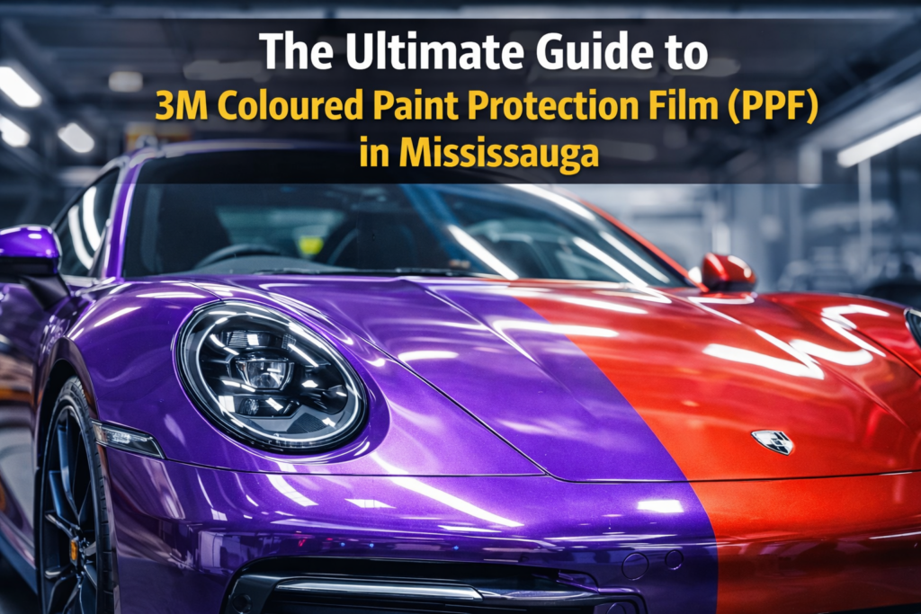 High-quality image showing a vehicle with 3M coloured paint protection film applied, illustrating the benefits of PPF for Mississauga drivers.