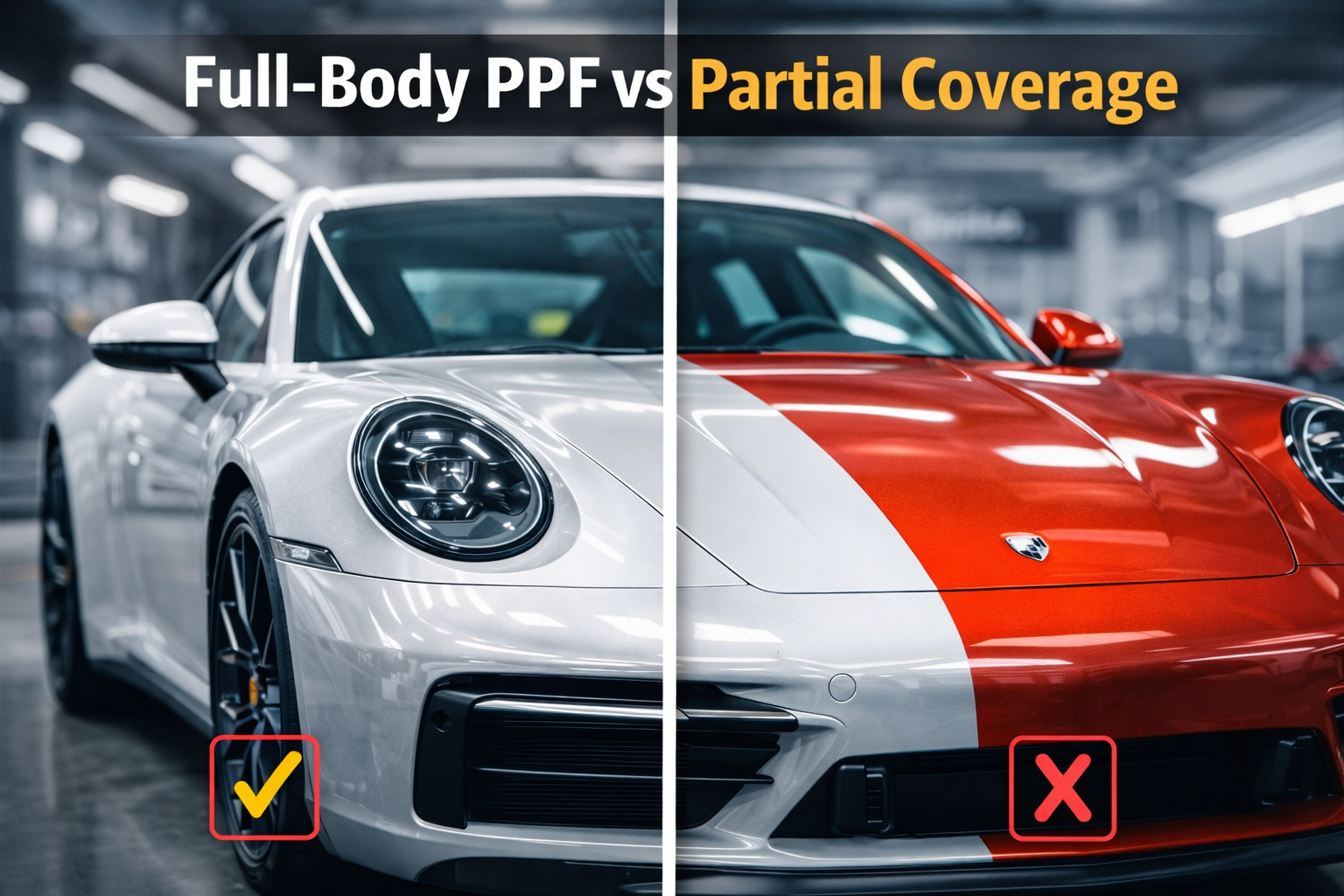 Split image showing a white sports car with full-body paint protection film on the left and partial coverage on the right, illustrating the difference in protection and coverage options.