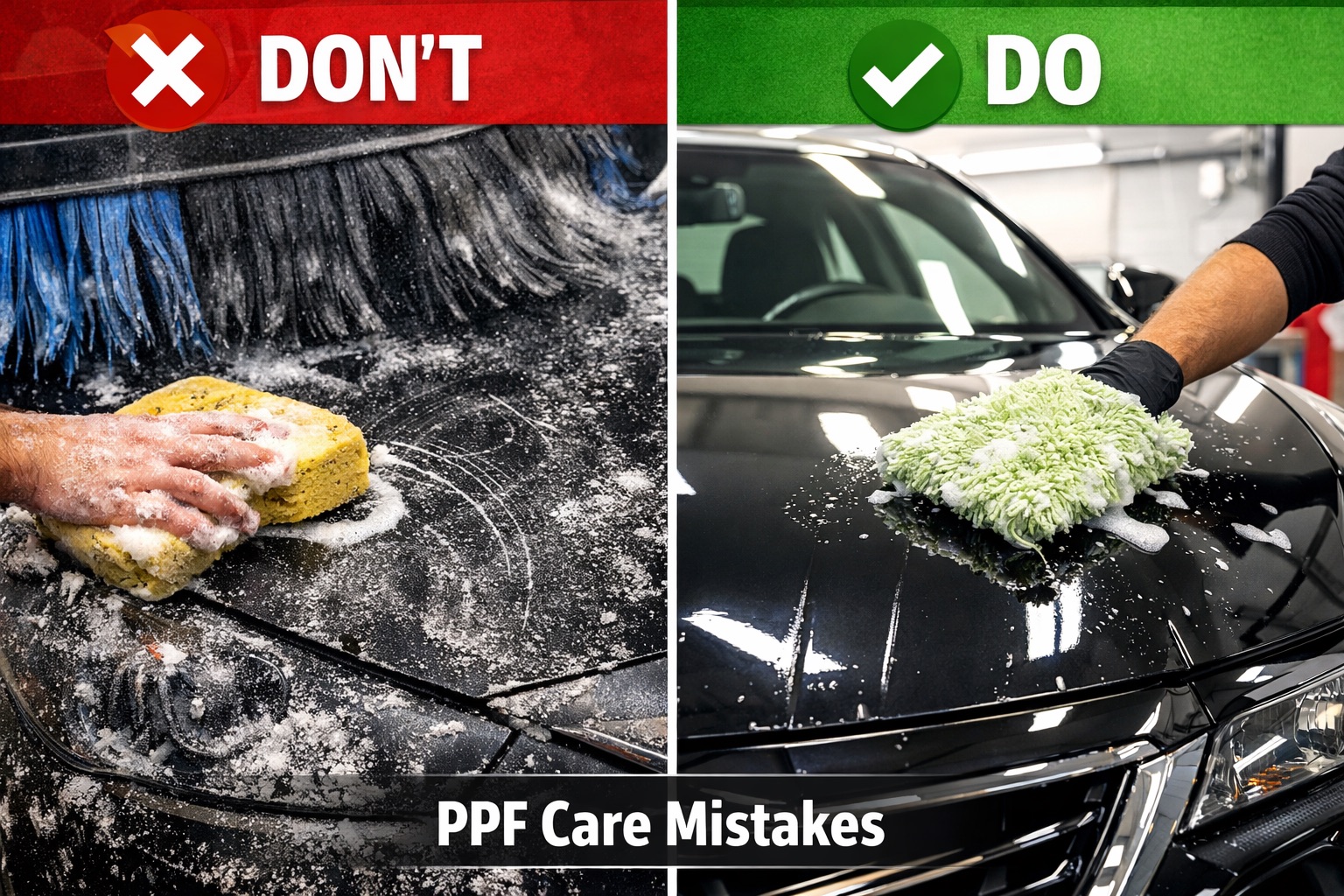 Split image showing incorrect and correct paint protection film care methods, highlighting common PPF care mistakes Ontario drivers should avoid.