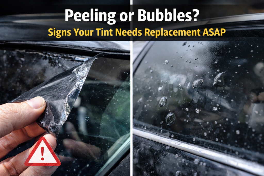 Close-up comparison showing peeling window tint and bubbling tint film, indicating signs that window tint needs replacement.