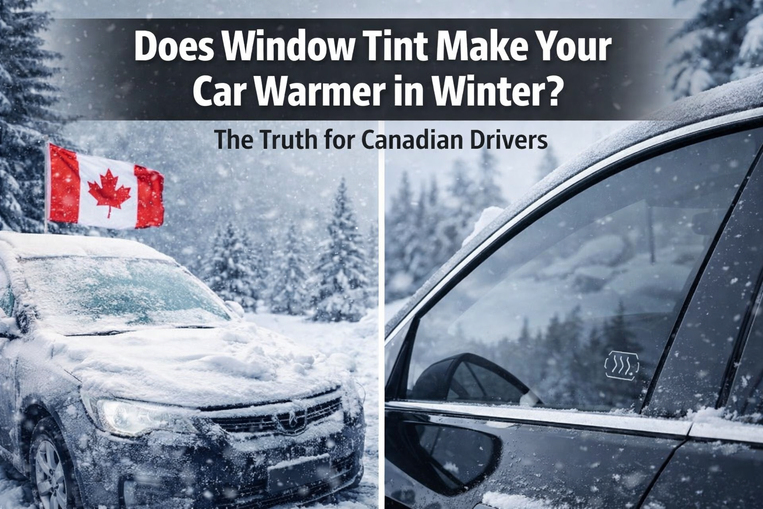 Split image showing a car in snowy Canadian winter conditions and a vehicle with tinted windows, illustrating whether window tint helps retain warmth in winter.