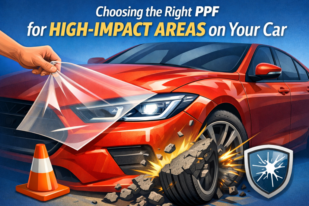 picture illustrating ppf being applied to a car and showing high impact areas