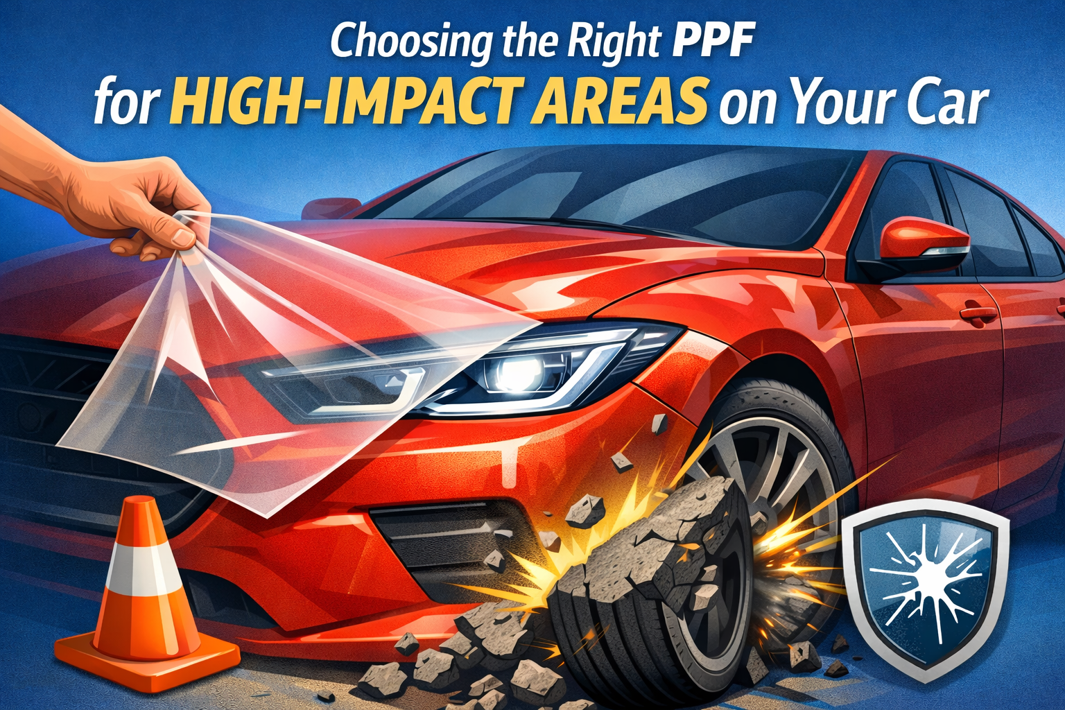 picture illustrating ppf being applied to a car and showing high impact areas