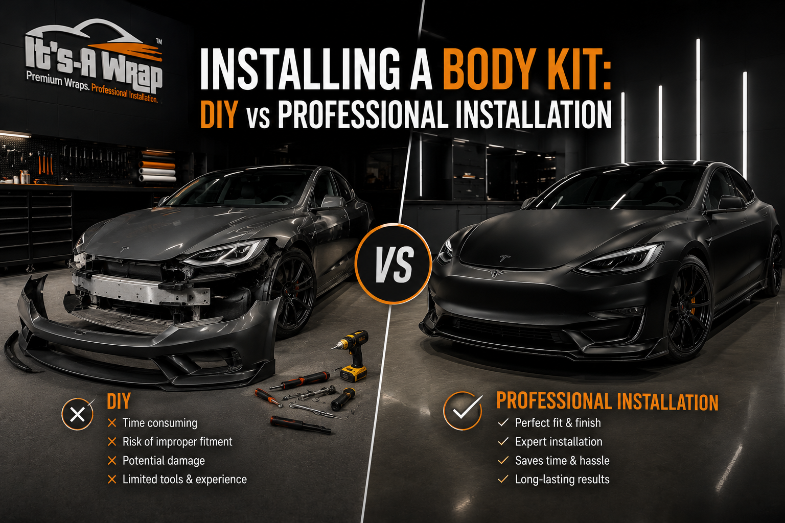 Split-screen comparison of DIY vs professional body kit installation on a Tesla, showing an unfinished vehicle with tools on one side and a completed custom body kit installation on the other inside a premium automotive shop in Mississauga.