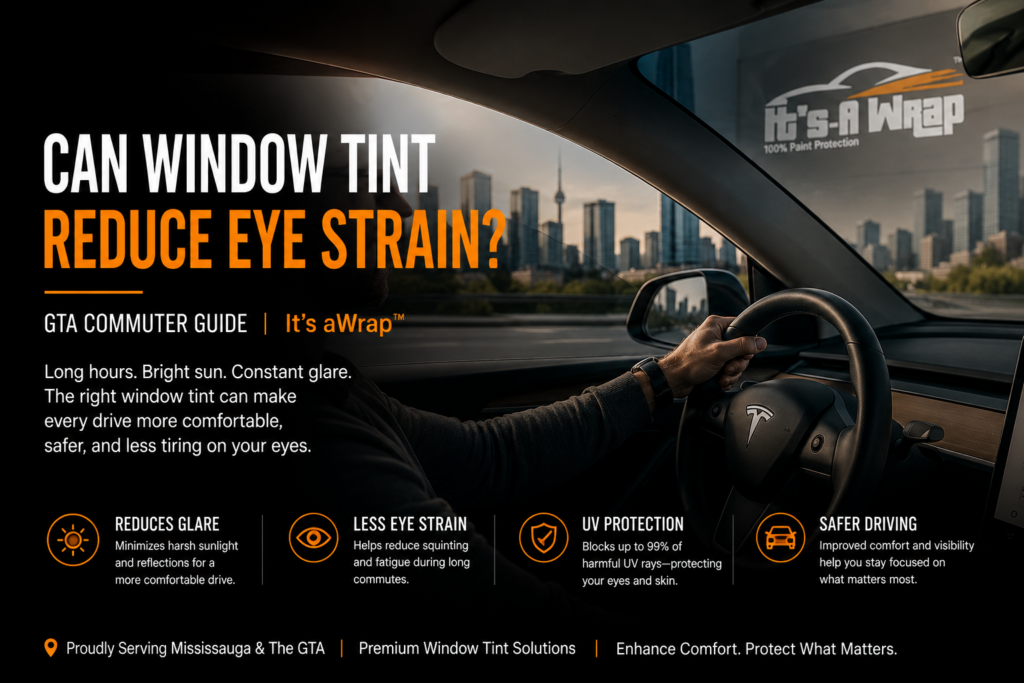 Driver inside a tinted Tesla commuting through the GTA with Toronto skyline in the background, promoting window tint benefits for reducing glare and eye strain.