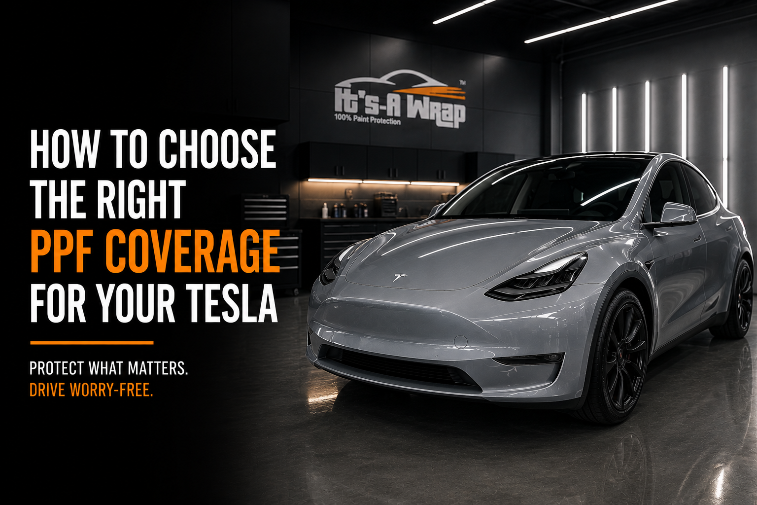 Tesla Model Y inside a premium automotive detailing shop with bold text about choosing the right paint protection film (PPF) coverage for Tesla vehicles in Mississauga and the GTA.