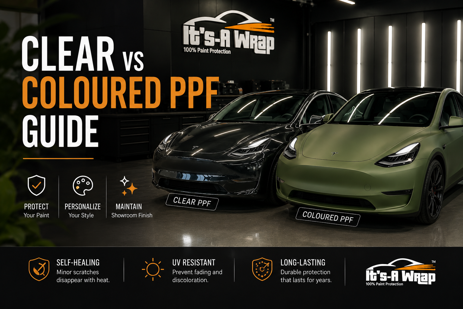 Clear vs Coloured Paint Protection Film (PPF) guide featuring two Tesla vehicles inside a premium Mississauga automotive studio, comparing clear PPF for invisible paint protection and coloured PPF for enhanced style, customization, durability, and self-healing protection.