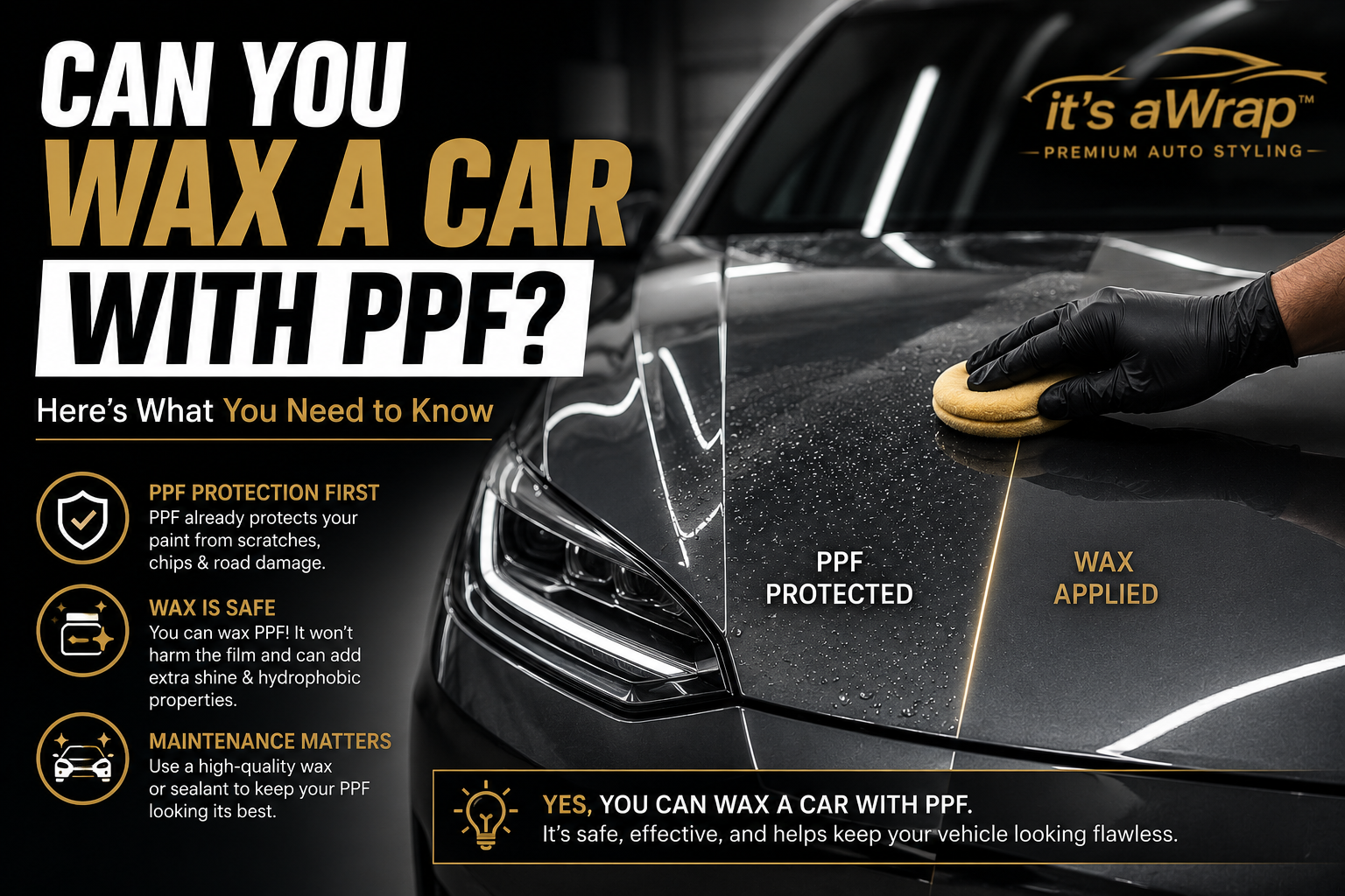 Detailer applying wax to a black Tesla with Paint Protection Film (PPF) in a premium automotive studio, demonstrating safe PPF maintenance and protection for Ontario drivers.