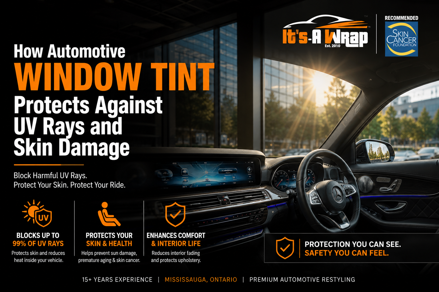 Luxury Mercedes-Benz interior with professional window tint reducing UV rays entering the cabin, illustrating how automotive window tint helps protect occupants from sun exposure and skin damage while preserving the vehicle's interior.