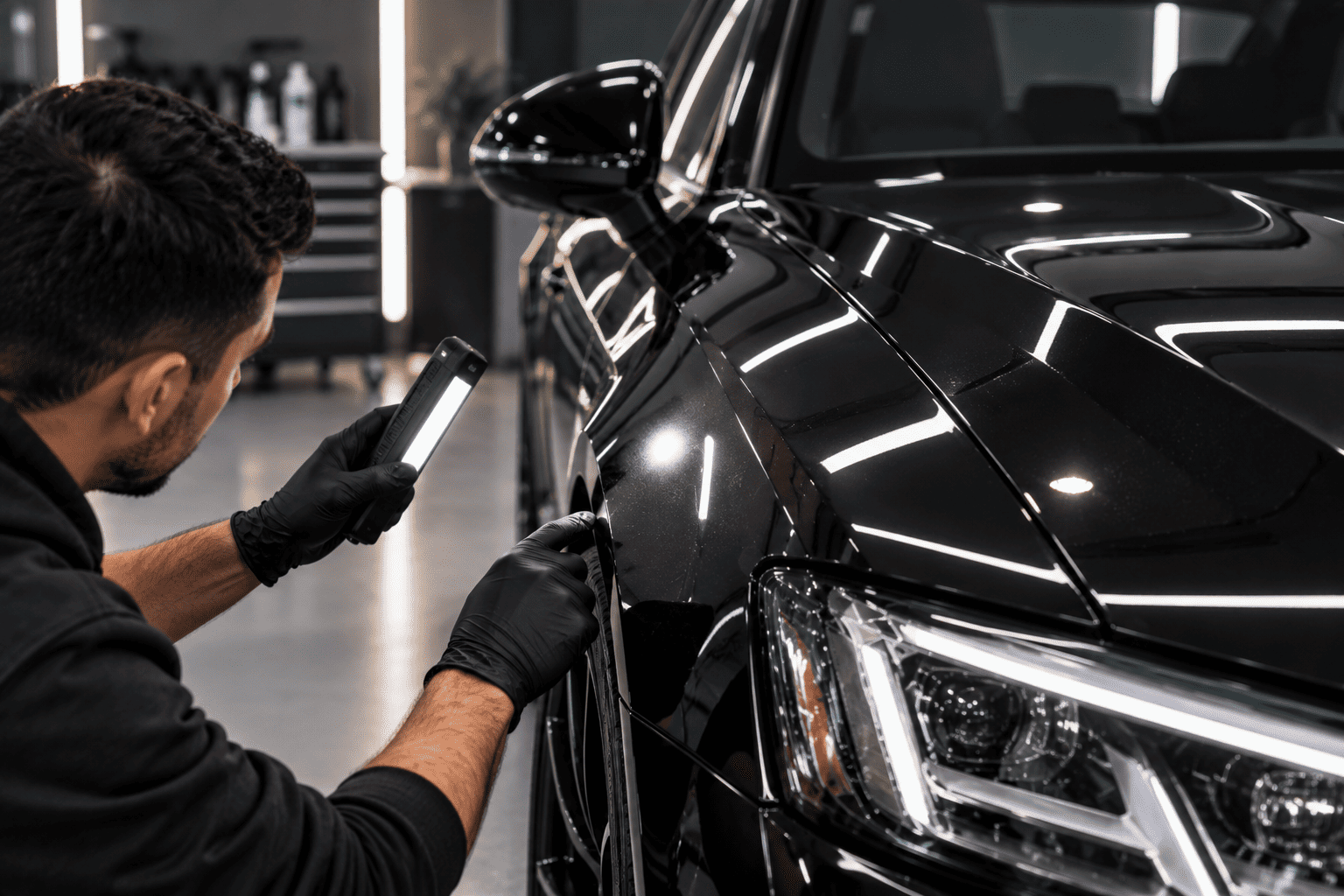 Technician inspecting the finish of a ceramic-coated vehicle under shop lighting