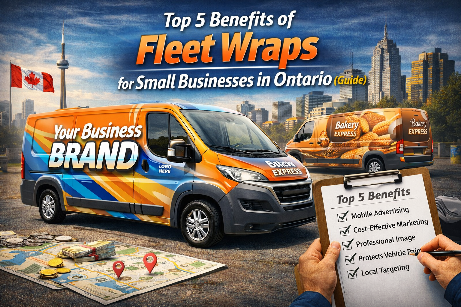 Branded fleet vans with colourful wraps showcasing benefits of fleet wraps for small businesses in Ontario