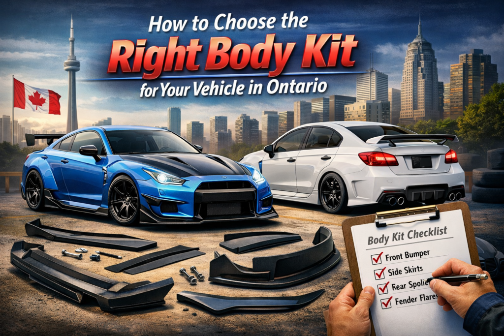 Modified cars with body kit parts and checklist illustrating how to choose the right body kit in Ontario