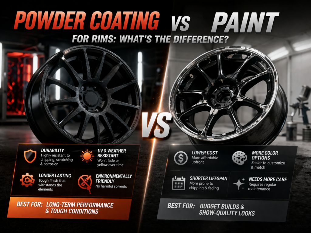 picture comparison between powdercoating and painting rims